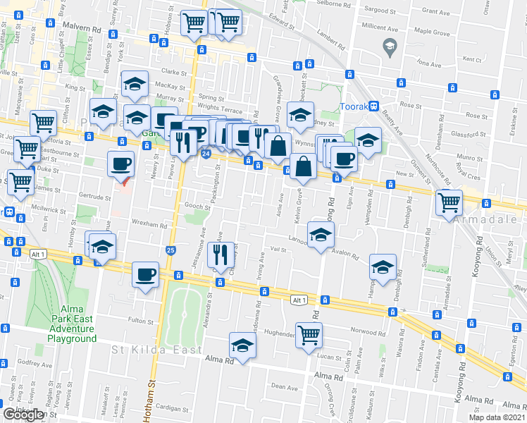 map of restaurants, bars, coffee shops, grocery stores, and more near 49 Highbury Grove in Prahran