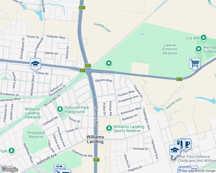 map of restaurants, bars, coffee shops, grocery stores, and more near 7 Cumulus Street in Williams Landing