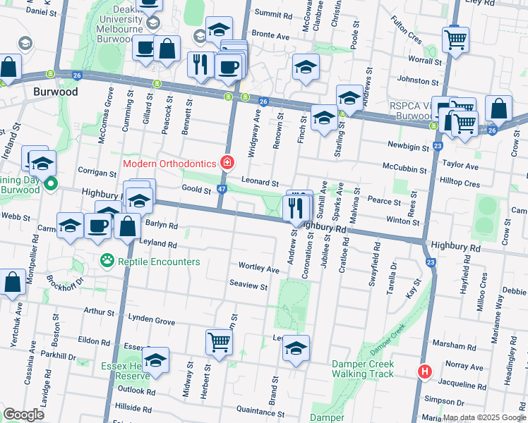 map of restaurants, bars, coffee shops, grocery stores, and more near 247 Highbury Road in Burwood