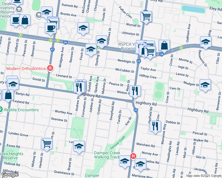 map of restaurants, bars, coffee shops, grocery stores, and more near 30 Winton Street in Burwood