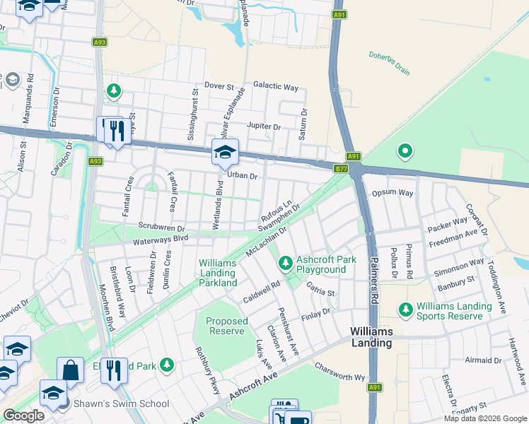 map of restaurants, bars, coffee shops, grocery stores, and more near 27 Bronzewing Street in Williams Landing