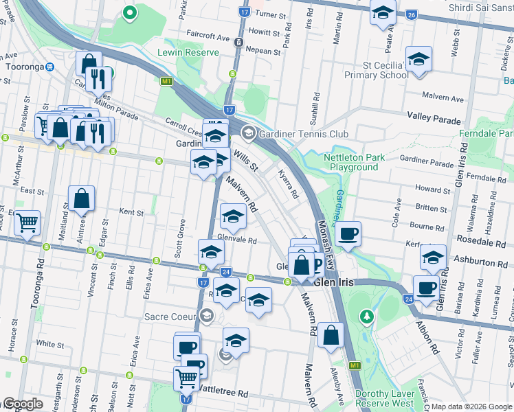 map of restaurants, bars, coffee shops, grocery stores, and more near 1669 Malvern Road in Glen Iris