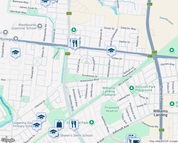 map of restaurants, bars, coffee shops, grocery stores, and more near 4 Bushlark Crescent in Williams Landing