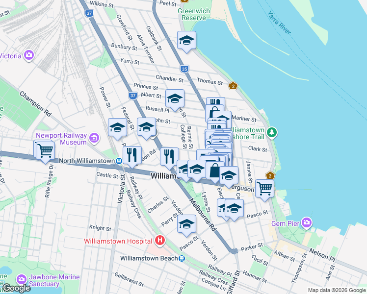 map of restaurants, bars, coffee shops, grocery stores, and more near 106 Stevedore Street in Williamstown