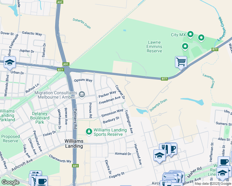map of restaurants, bars, coffee shops, grocery stores, and more near 28 Packer Way in Williams Landing