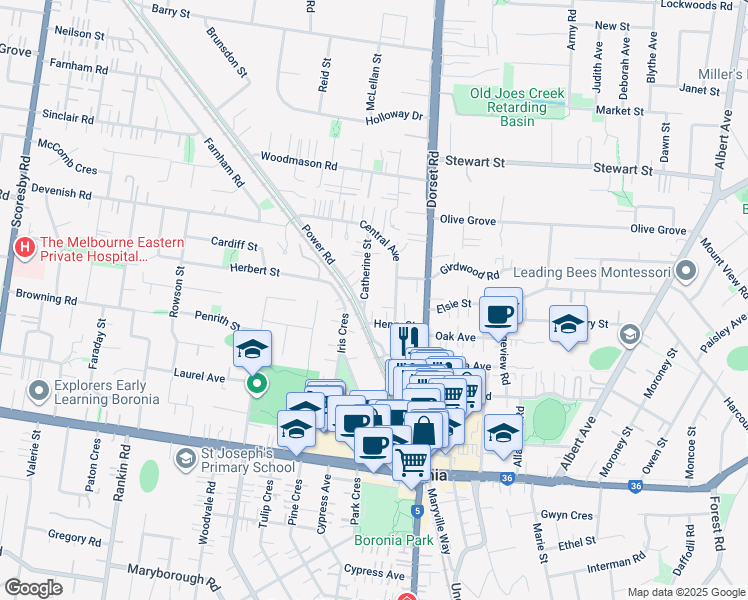 map of restaurants, bars, coffee shops, grocery stores, and more near 4 Catherine Street in Boronia