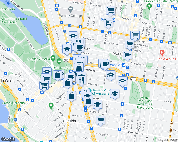 map of restaurants, bars, coffee shops, grocery stores, and more near 40 Wellington Street in St Kilda