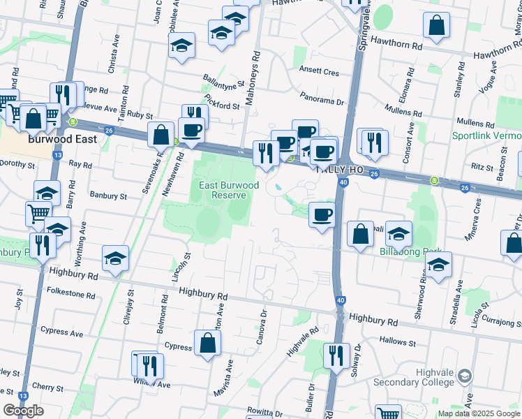 map of restaurants, bars, coffee shops, grocery stores, and more near 12 Lakeside Drive in Burwood East