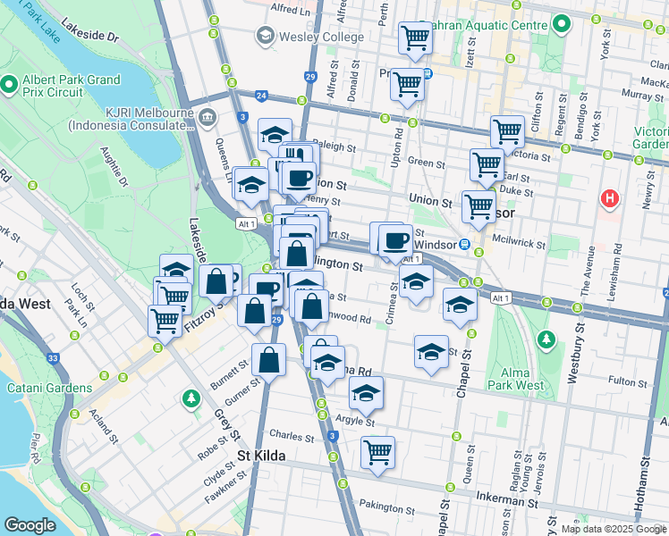 map of restaurants, bars, coffee shops, grocery stores, and more near 40 Wellington Street in St Kilda