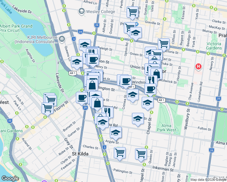 map of restaurants, bars, coffee shops, grocery stores, and more near 60 Wellington Street in St Kilda