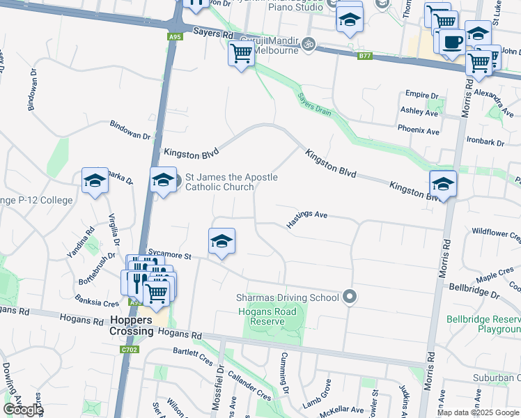 map of restaurants, bars, coffee shops, grocery stores, and more near 34 Redwood Drive in Hoppers Crossing