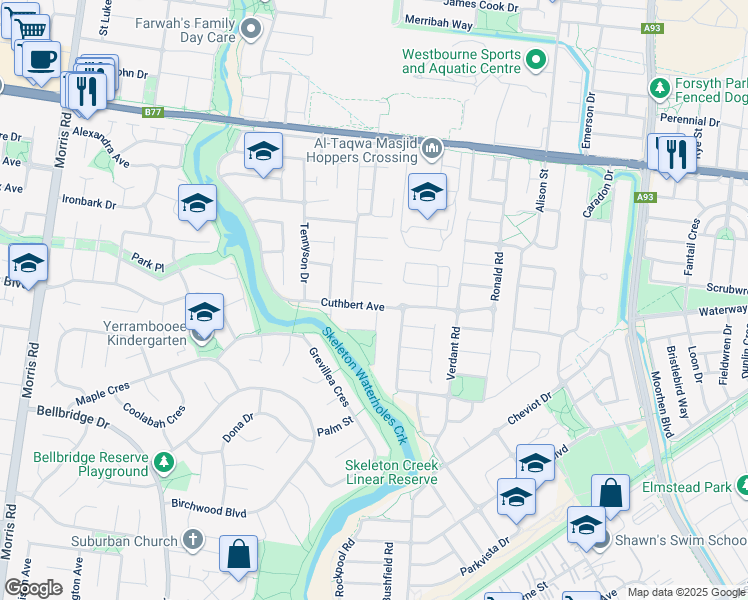 map of restaurants, bars, coffee shops, grocery stores, and more near 29 Cuthbert Avenue in Truganina