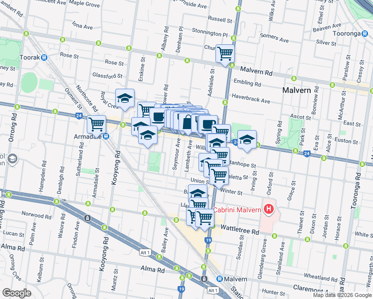 map of restaurants, bars, coffee shops, grocery stores, and more near 33 Lambeth Avenue in Armadale