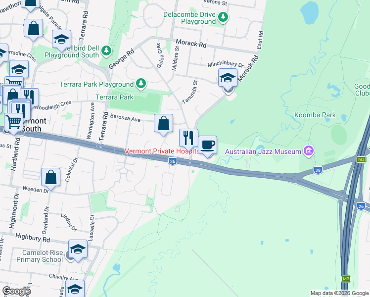 map of restaurants, bars, coffee shops, grocery stores, and more near 2 Bundarra Court in Vermont South