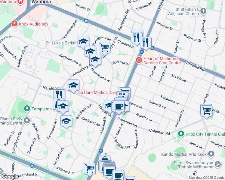 map of restaurants, bars, coffee shops, grocery stores, and more near 39 Brentwood Drive in Wantirna