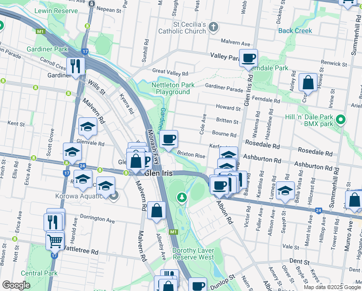 map of restaurants, bars, coffee shops, grocery stores, and more near 46 Kerferd Road in Glen Iris