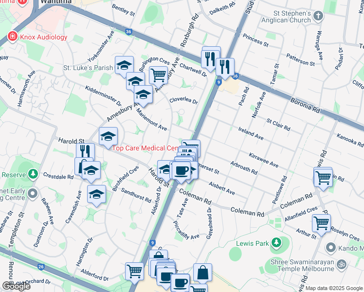 map of restaurants, bars, coffee shops, grocery stores, and more near 11 Attenborough Square in Wantirna