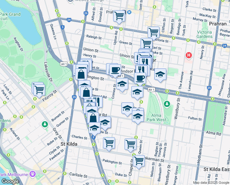 map of restaurants, bars, coffee shops, grocery stores, and more near 12 Crimea Street in Saint Kilda