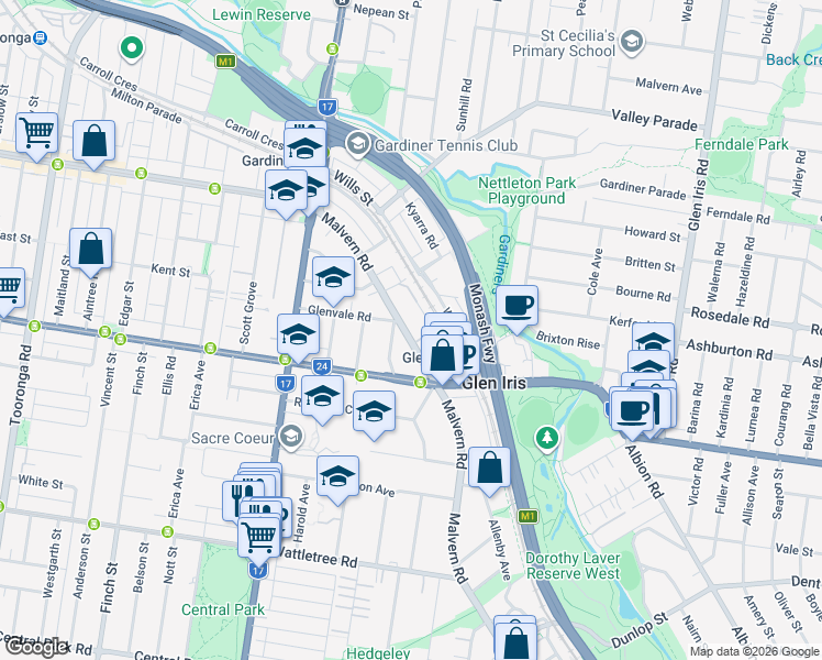 map of restaurants, bars, coffee shops, grocery stores, and more near 1705 Malvern Road in Glen Iris