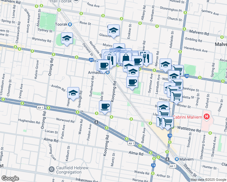 map of restaurants, bars, coffee shops, grocery stores, and more near Kooyong Road in Armadale