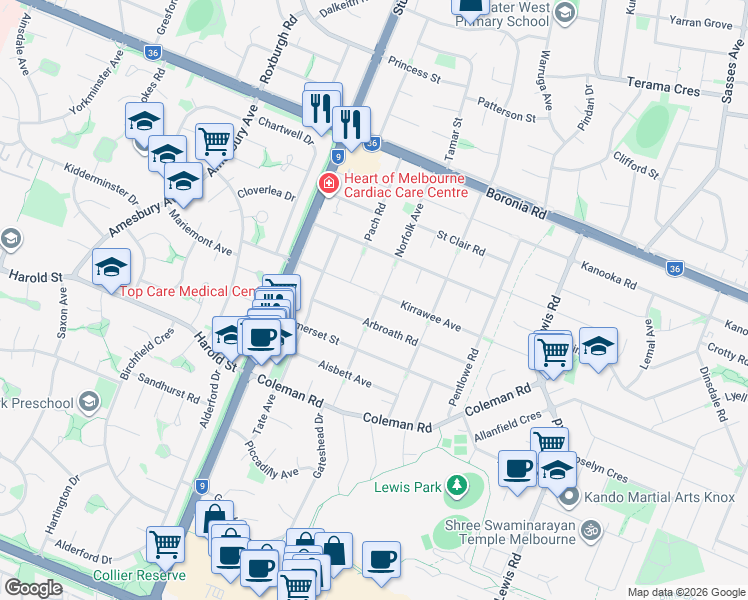 map of restaurants, bars, coffee shops, grocery stores, and more near 5 Warrawee Road in Wantirna South