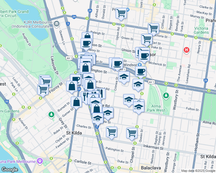 map of restaurants, bars, coffee shops, grocery stores, and more near 38 Charnwood Road in St Kilda