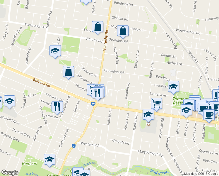 map of restaurants, bars, coffee shops, grocery stores, and more near 7 Falconer Road in Boronia