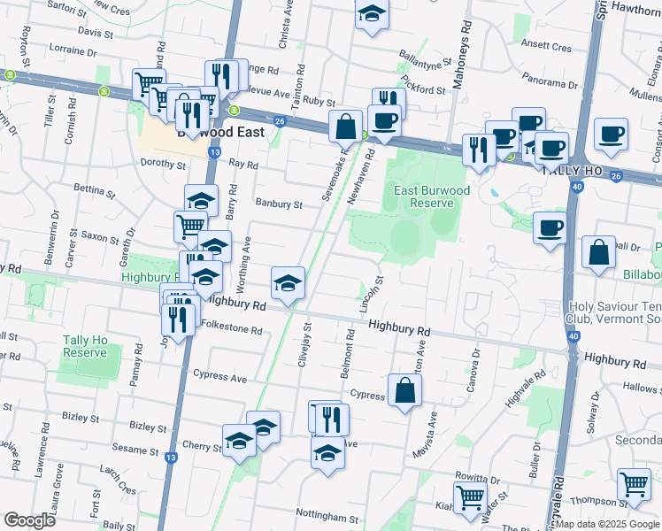 map of restaurants, bars, coffee shops, grocery stores, and more near 49 Newhaven Road in Burwood East