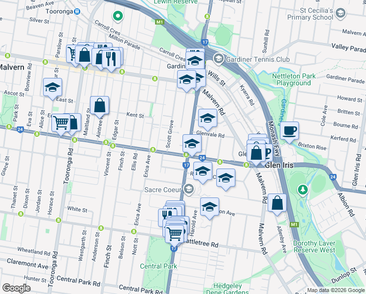 map of restaurants, bars, coffee shops, grocery stores, and more near 219 Burke Road in Glen Iris