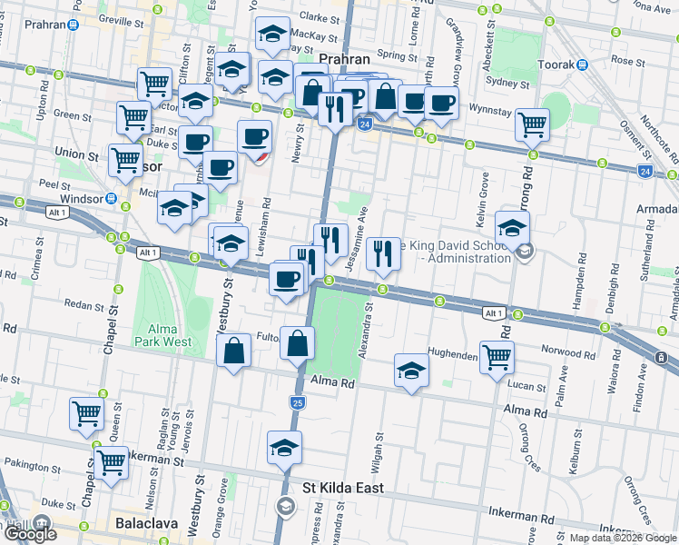 map of restaurants, bars, coffee shops, grocery stores, and more near 263 Dandenong Road in Prahran