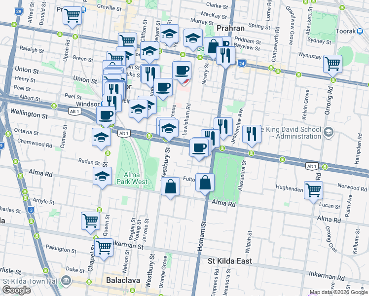 map of restaurants, bars, coffee shops, grocery stores, and more near 8 Ardoch Avenue in St Kilda East