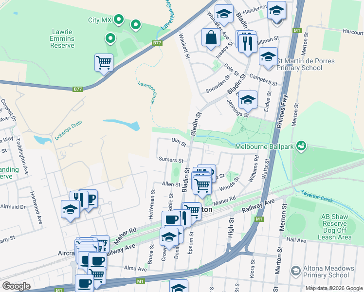 map of restaurants, bars, coffee shops, grocery stores, and more near 17 Ulm Street in Laverton