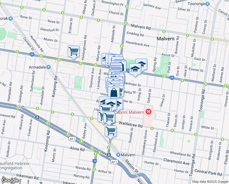 map of restaurants, bars, coffee shops, grocery stores, and more near 209 Glenferrie Road in Malvern