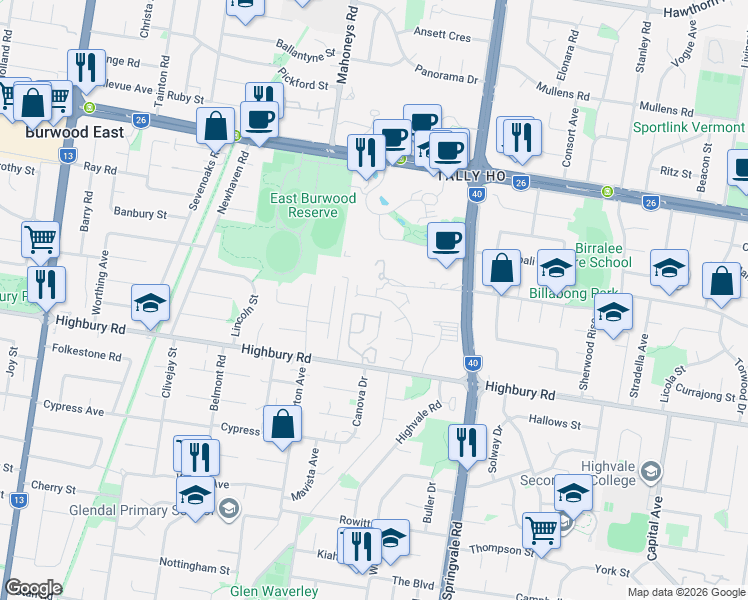 map of restaurants, bars, coffee shops, grocery stores, and more near 32 Robinson Drive in Burwood East