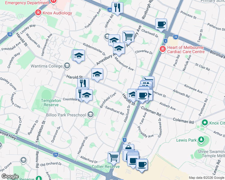 map of restaurants, bars, coffee shops, grocery stores, and more near 39 Harold Street in Wantirna