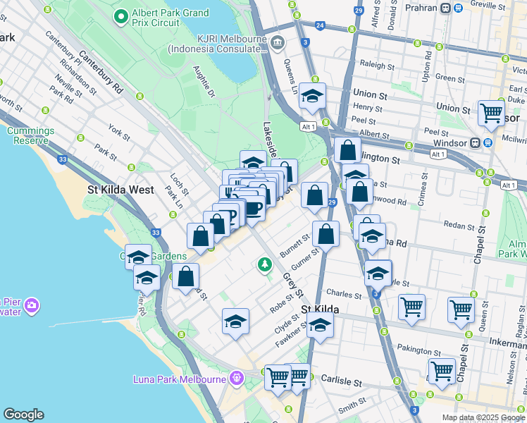 map of restaurants, bars, coffee shops, grocery stores, and more near 145 Fitzroy Street in St Kilda