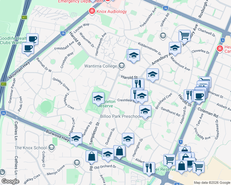 map of restaurants, bars, coffee shops, grocery stores, and more near 4 Winterton Court in Wantirna