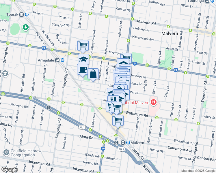 map of restaurants, bars, coffee shops, grocery stores, and more near 60 Union Street in Armadale