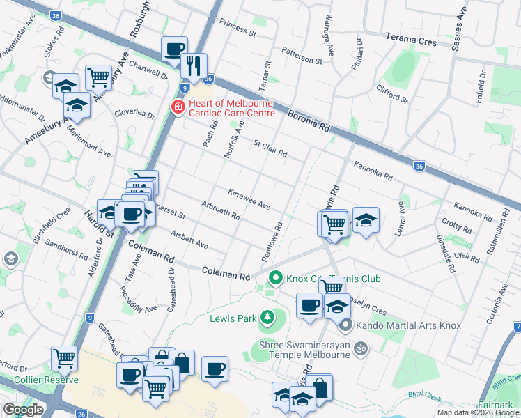 map of restaurants, bars, coffee shops, grocery stores, and more near 28 Kirrawee Avenue in Wantirna South
