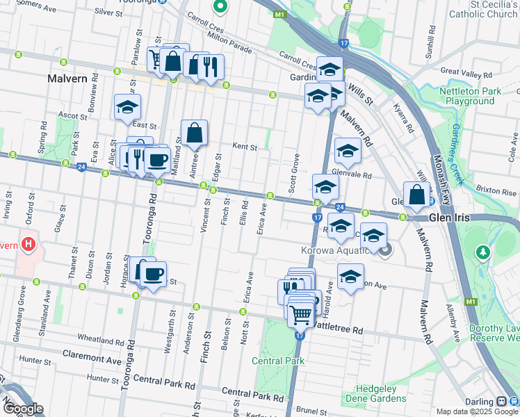 map of restaurants, bars, coffee shops, grocery stores, and more near 61 Erica Avenue in Glen Iris