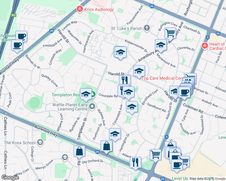 map of restaurants, bars, coffee shops, grocery stores, and more near 10 Rotherwood Close in Wantirna
