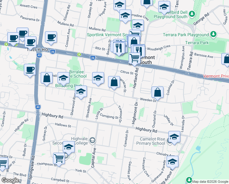 map of restaurants, bars, coffee shops, grocery stores, and more near Weeden Drive in Vermont South