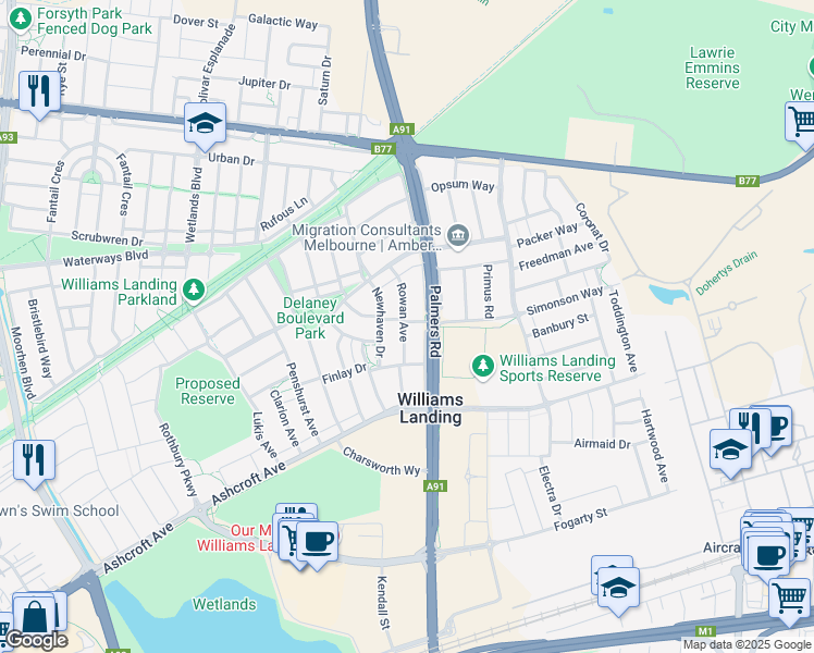 map of restaurants, bars, coffee shops, grocery stores, and more near 5 Davenport Drive in Williams Landing