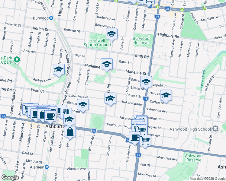 map of restaurants, bars, coffee shops, grocery stores, and more near 35 Pascoe Street in Glen Iris