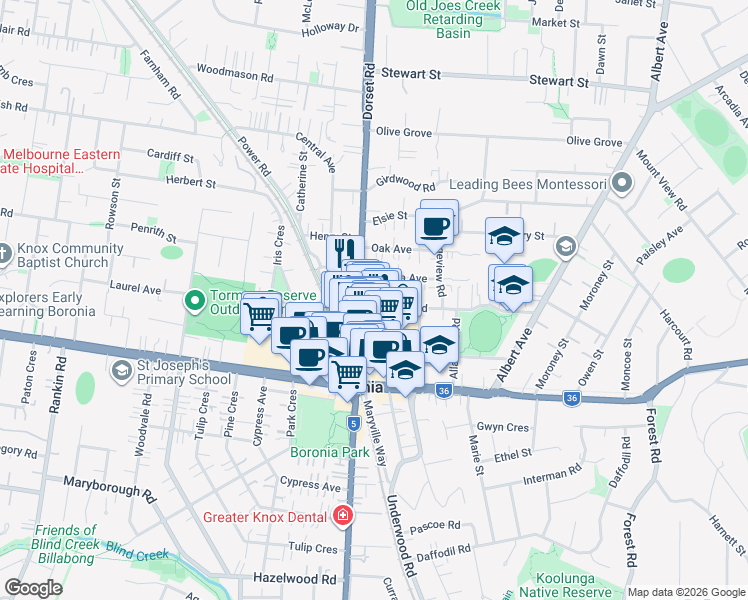 map of restaurants, bars, coffee shops, grocery stores, and more near 3 Chandler Road in Boronia