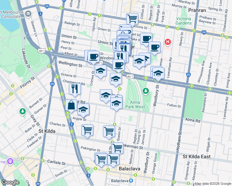 map of restaurants, bars, coffee shops, grocery stores, and more near 29 Chapel Street in Saint Kilda
