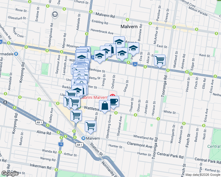 map of restaurants, bars, coffee shops, grocery stores, and more near 1 Oxford Street in Malvern