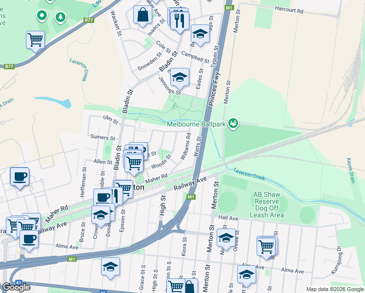 map of restaurants, bars, coffee shops, grocery stores, and more near 10 Williams Road in Laverton