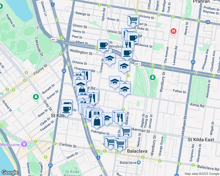 map of restaurants, bars, coffee shops, grocery stores, and more near 68 Alma Road in St Kilda