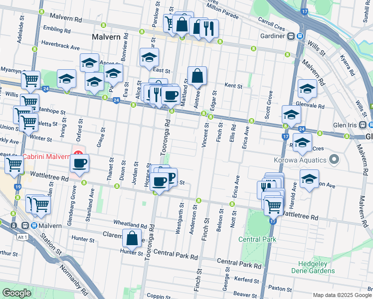 map of restaurants, bars, coffee shops, grocery stores, and more near 15 Viva Street in Glen Iris